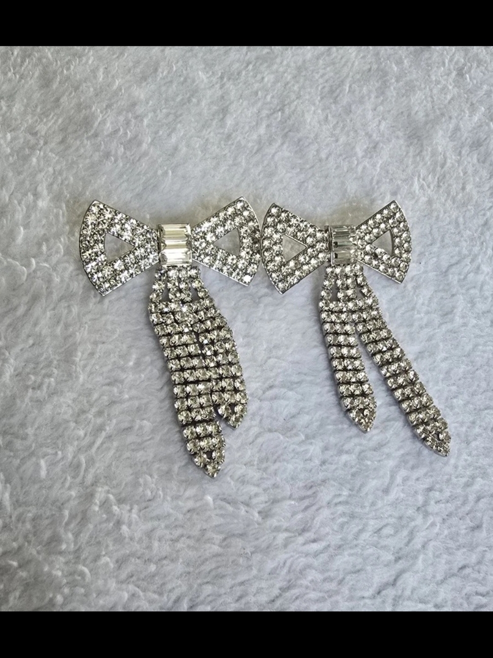 Crystal Bow Dangle Earrings - Silver Rhinestone - Picture 2 of 2